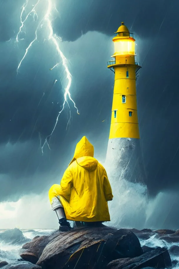 portrait of dead seafarer sitting in yellow raincoat on rocks beneath a unreal bright white lighthouse, storm clouds, lightening, volumetric light,depth of field, fantasy art, 4k, highly detailed, sunbeam