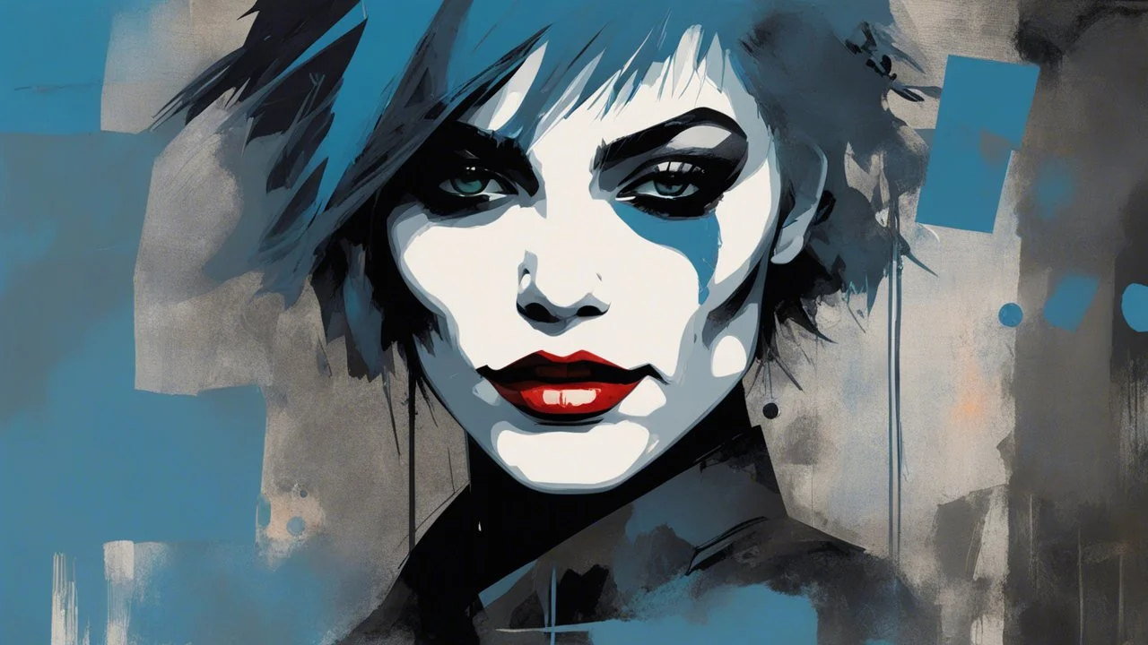 aesthetic, painterly style, modern ink, joker, blue, blue hair, sensual, sultry, dark blouse, expressive pose, urbanpunk, abstract texture multilayer background, neo-expressionist , Russ Mills, Ian Miller