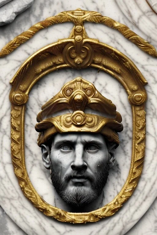 Ultra Realistic image, Roman sculpture, white marble material, Lionel Messi, gold Laurel leaves wreath, renaissance ornaments, one gold star in heart, marble background, chisel style, waist up portrait, emperor style, epic, celestial, cinematic lighting, God light, god rays, 4k resolution, smooth details, ornate details, soft lighting, unreal engine 5, art station, substance 3d.