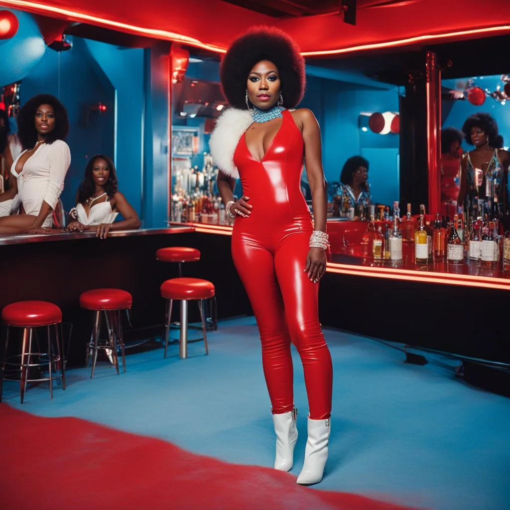 The looks of the movie “Dolemite”, a 16mm independent film made in 1975. A beautiful black woman in a 1970’s style baby blue catsuit and white thigh high boots is standing next to a red leather bar, inside a very 70’s nightclub called “The Total Experience”. There are 2 1970’s women fighting behind her. A group watches and enjoys.