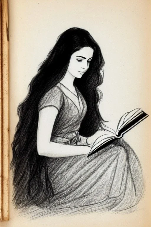 Pencil sketch of Young woman, Arab features,sad, long wavy hair, reading a book, full body، on lined paper