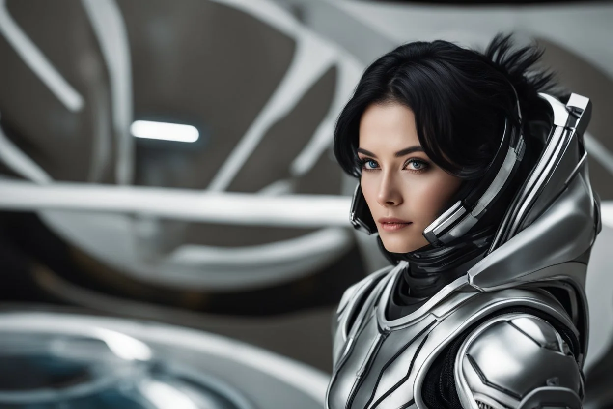 photo of a Sci-fi woman, with black hair, wearing a silver and black spacesuit looking like an android, no helmet, on an alien planet