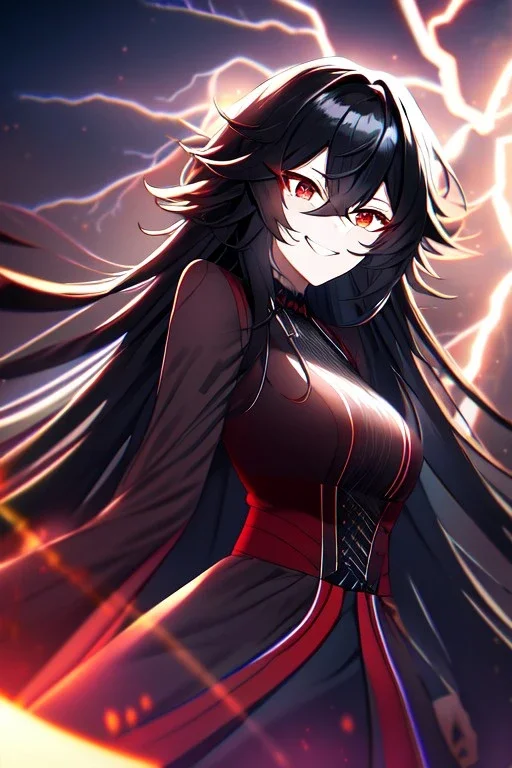 girl, masterpiece, best quality, cinematic lighting, detailed outfit, vibrant colors, perfect eyes, red eyes, long hair, black hair, messy hair, hair between eyes, depth of field, ray tracing, lightning magic, angry, smile,