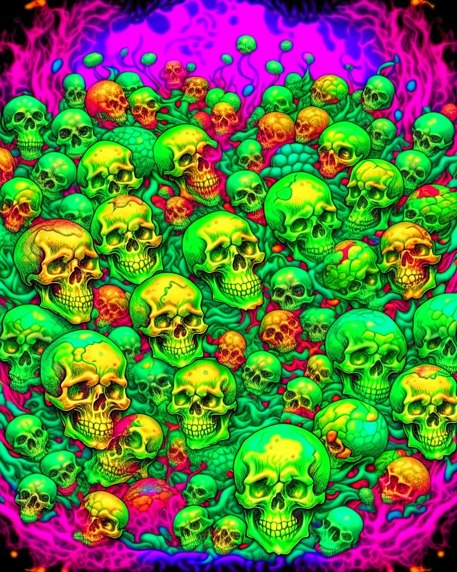 a field of skulls, multi colored, bright, vivid, psychedelic, high detailed, matte, bunches and bubbled up clumps, horrorcore, vines, unsettling contrast