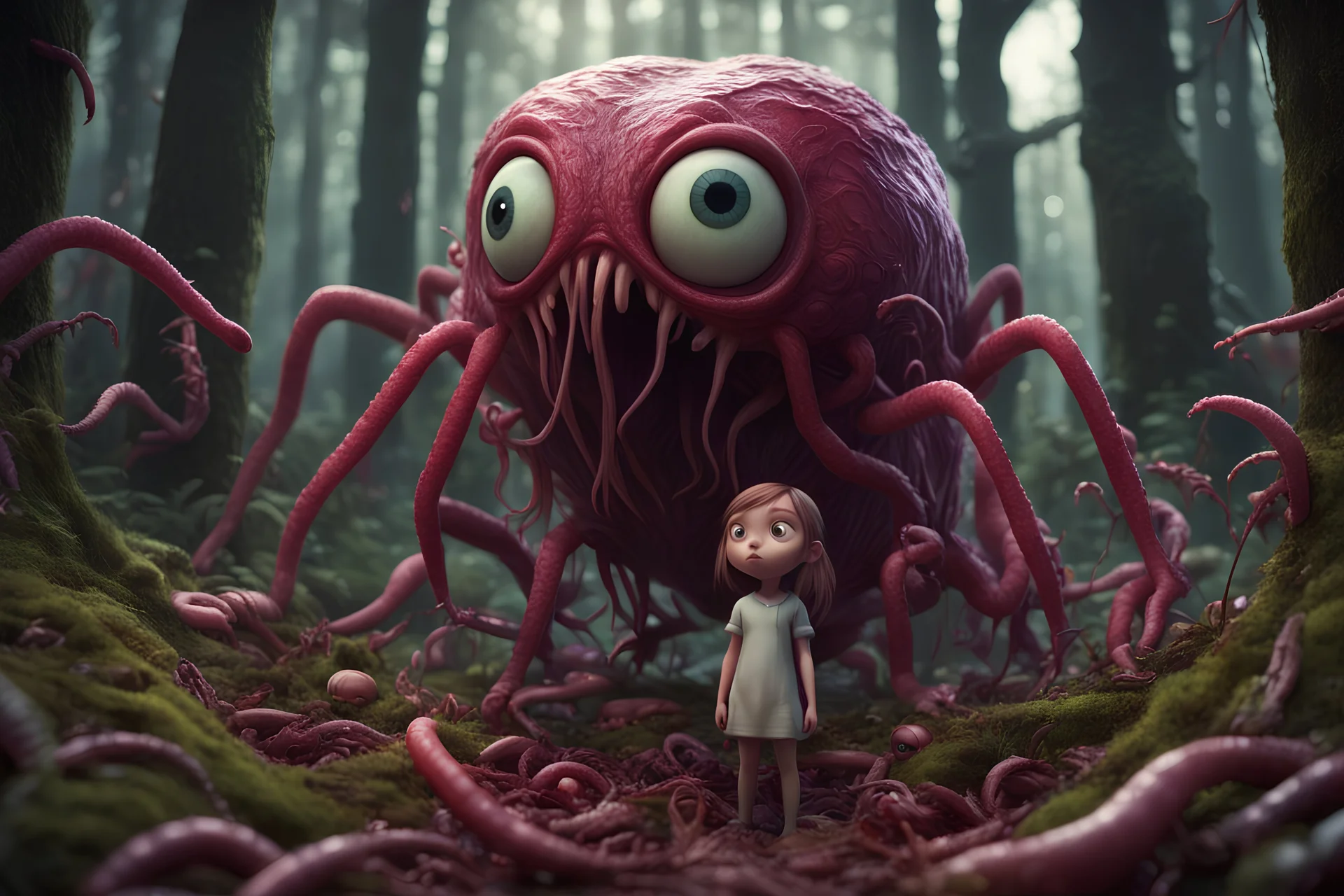 Rare parasite creature holding a girl meanwhile many worms streaming from his eyes in the forest, fullbody, macro photography, darkred tones,high detailed, 3d pixar disney the cinematic FKAA, TXAA, and RTX graphics technology employed for stunning detail.