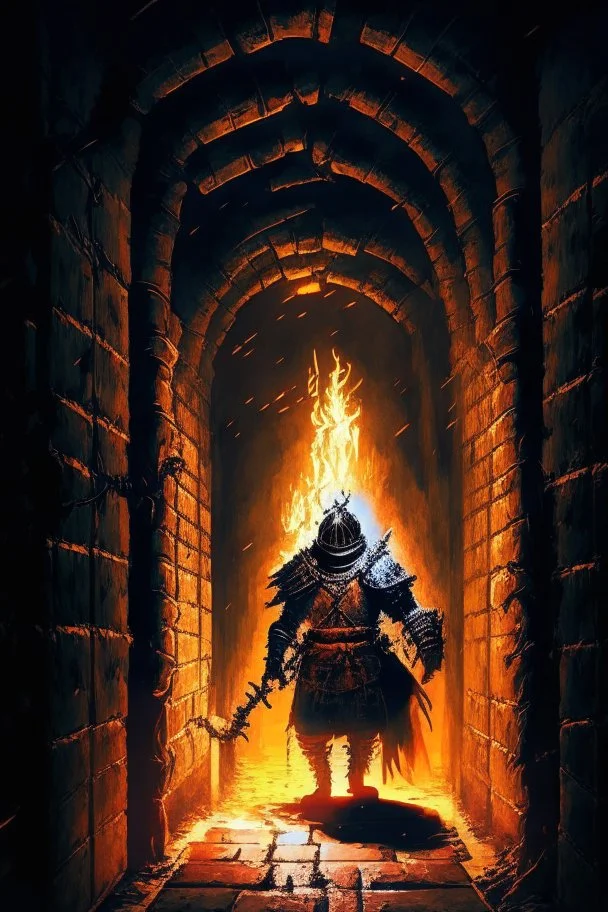 A frightening castle dungeon hallway with an evil knight warrior in rusty chainmail holding a burning torch painterly rpg art