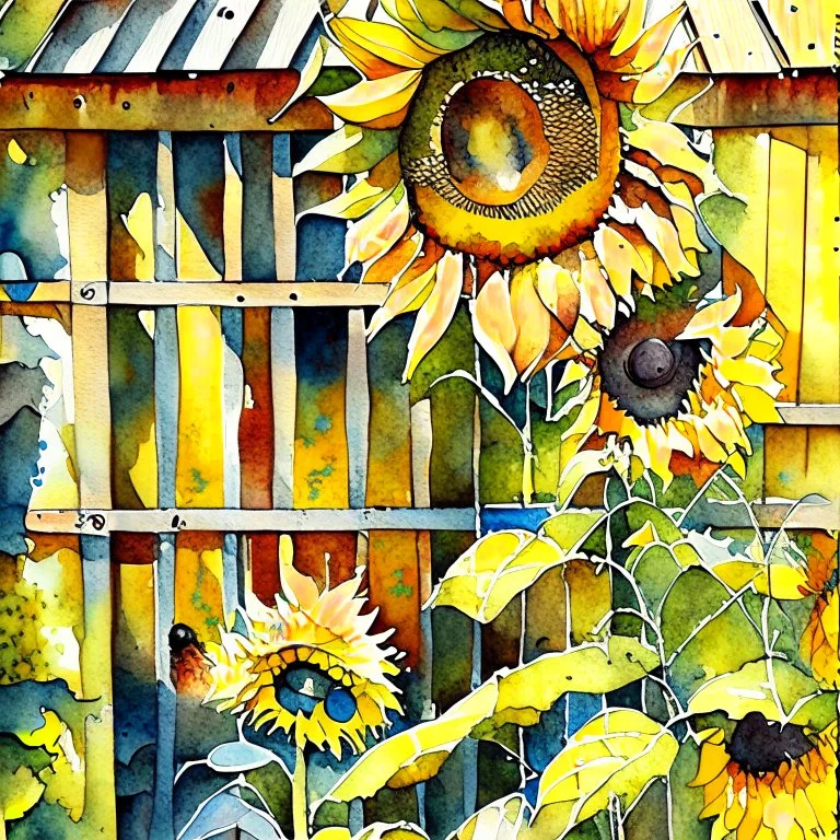 Watercolor patchwork painting of beautiful sunflowers growing against my wooden shed, greens, browns and yellow and orange, no signature no watermark, Patchwork by Meghan Duncanson and Jennifer Lommers and Didier Lourenço Modifiers: beautiful high detail fantastic view colourful watercolor patchwork alcohol ink Speedpaint