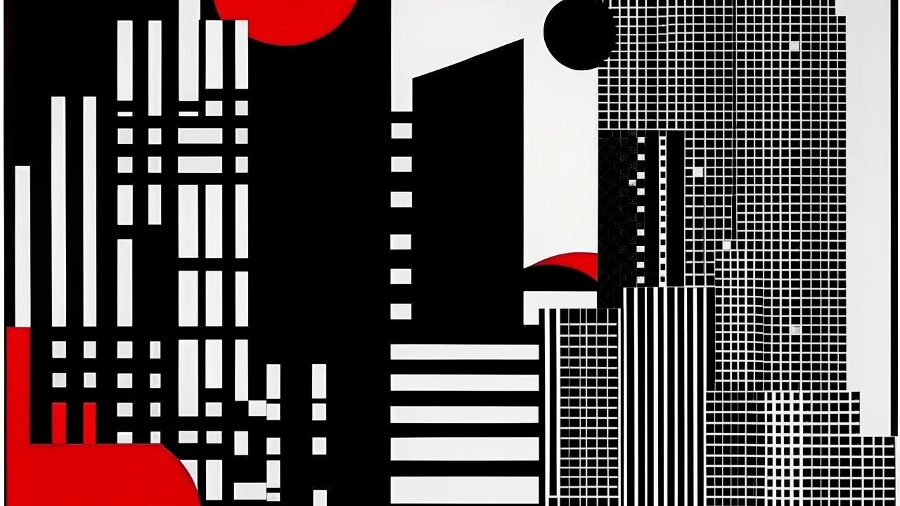 A minimalist and geometric illustration by Malevich and Kuniyoshi of a black and white city with an anarchist red and back flag.