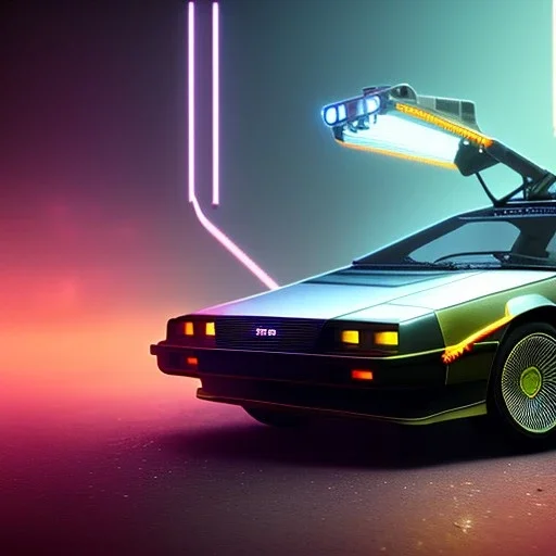 cyberpunk army DeLorean, cyberpunk 2077, center composition, reflection, ultra realistic, shiny, smooth, studio quality, octane render, Surrealism, Triadic colour scheme, glow-stick, god rays, mist on the horizon, ambient lighting, nightclub lighting, polaroid, 100mm, --ar 1:1 --v4