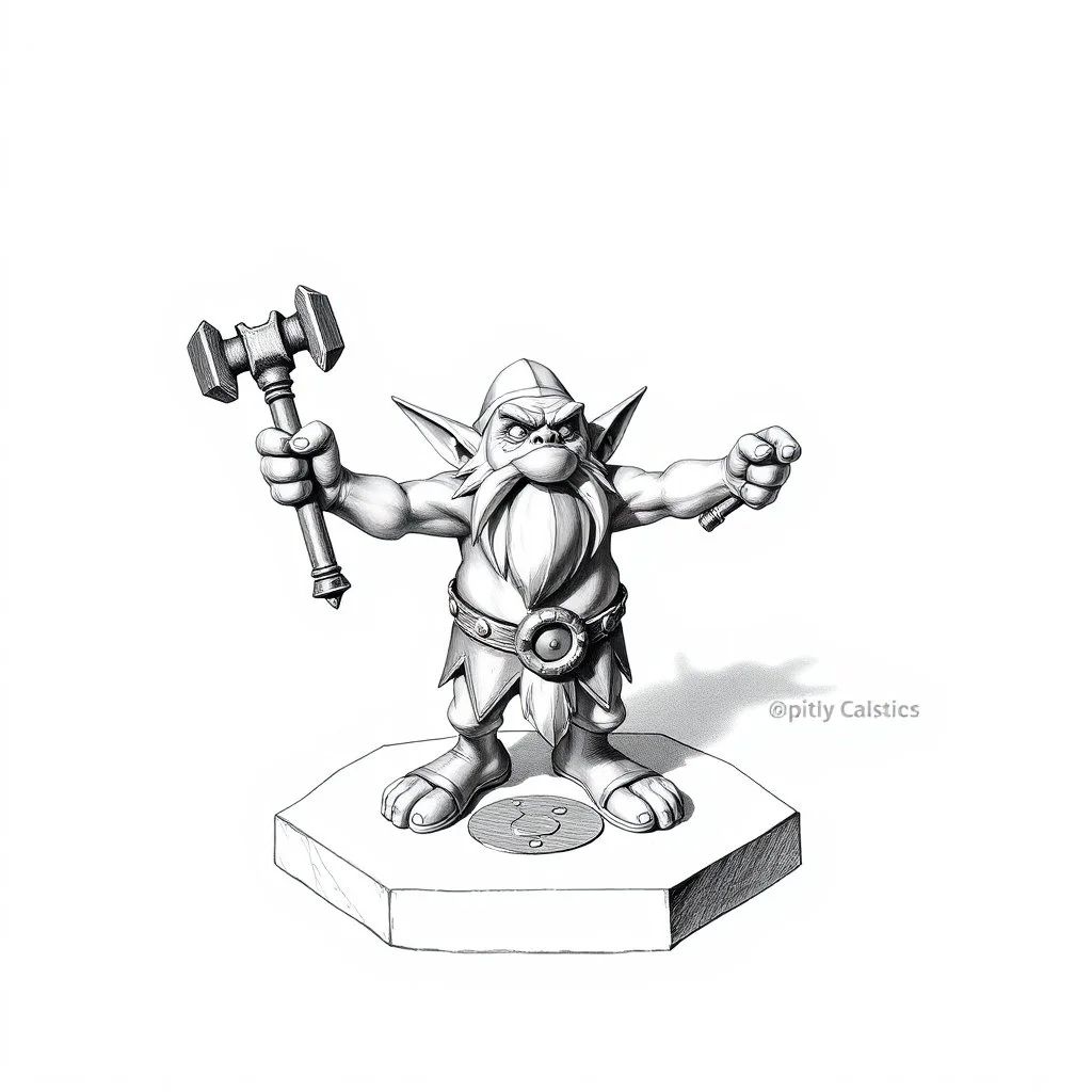 bronse low poly, "asterix ", goblin troll miniature model half painted arms outstretched holding battle hammer offering gift, standing on black and white pencil drawn hexagon grid, dwarf is whacking finger on hands and shadows of artist