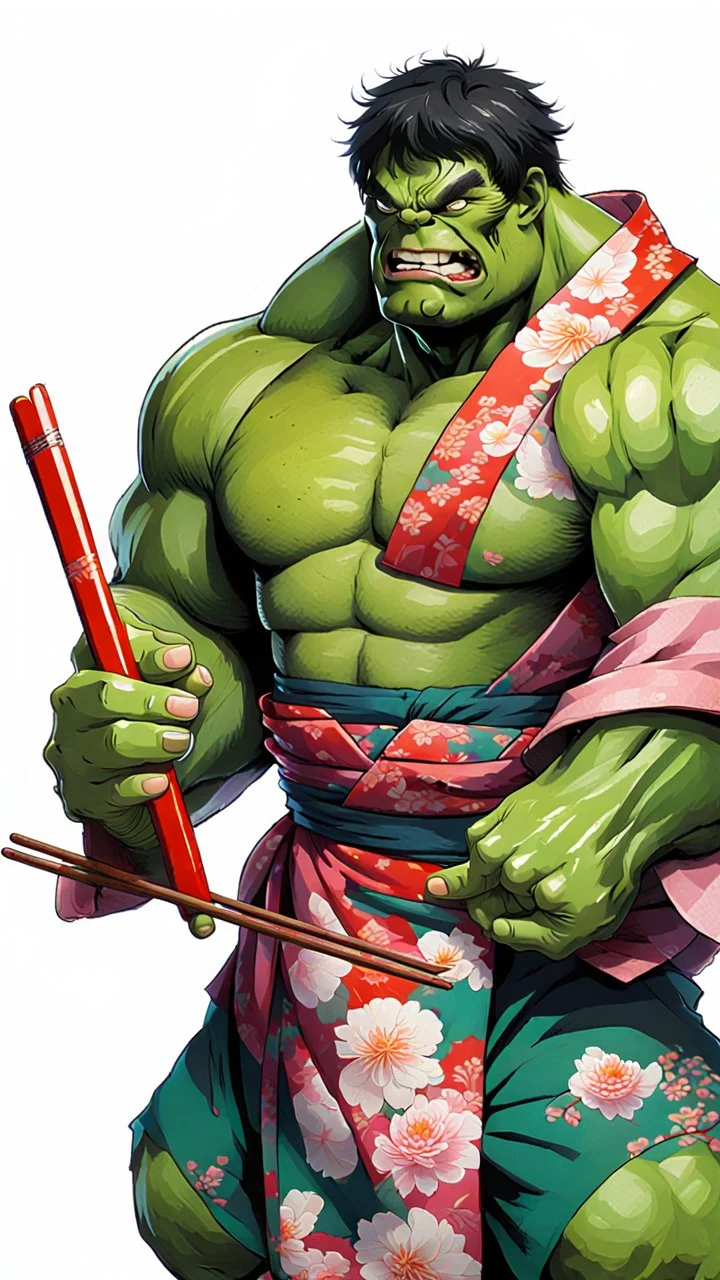 a hulk eating sushi with chopsticks, wearing a colorful kimono, 8