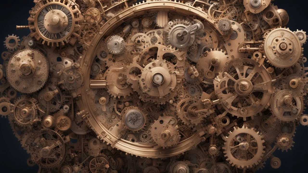 A sprawling cityscape composed entirely of intricate clockwork mechanisms, with gears and cogs of all sizes turning in perfect harmony. Buildings are made of polished brass and copper, each adorned with spinning dials and ticking components, Ultra Realism, beautiful intricate insanely detailed octane render, 5d, 16k, artistic photography, soft natural volumetric perfect light, chiaroscuro, award-winning photograph, masterpiece, rule of thirds, 80mm lens, adjust perspective