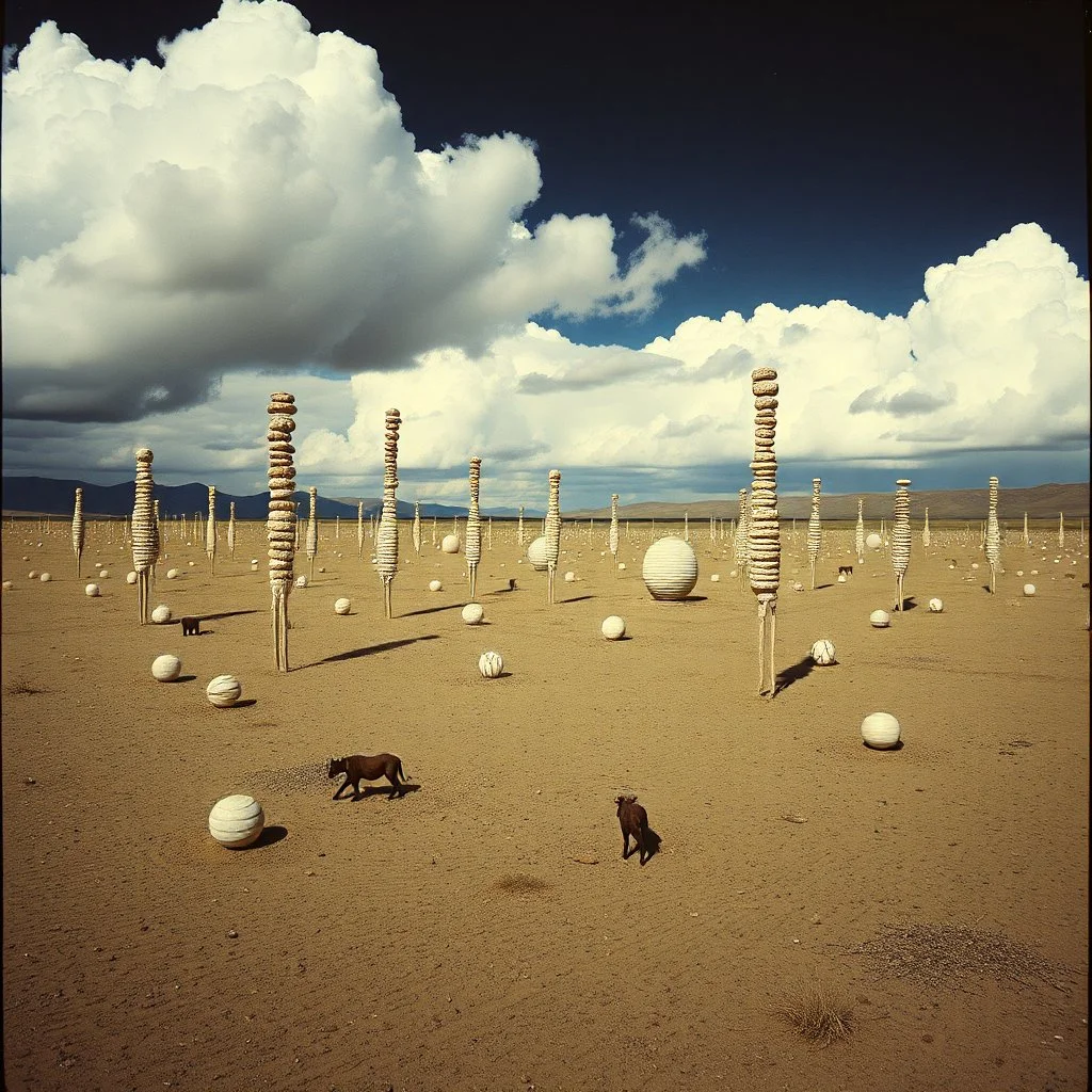 Strange spindle-shaped objects of various shapes, scattered over an arid wasteland, clouds, night, Max Ernst, Audubon, Amano, Walton Ford, Yves Tanguy, polaroid, 8k, 3d, 33mm photography, well defined