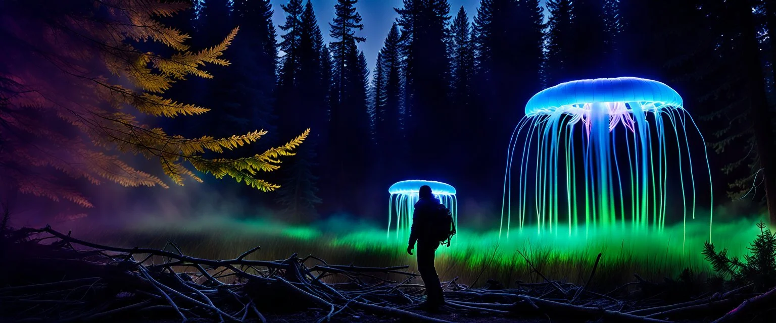 Bigfoot epidemiologist investigating, closeup, giant bio luminous Rainbow floating high JellyFish, light floating in a forest, mist, light trails, nighttime, long exposure, Treeline, Alberta, scientist, Dystopian, Hyper detailed, Realistic, Extreme depth of field, bokeh blur, Alberta all-natural, National Geographic, in the style of candid, imperfection, natural lighting, cinematic, Fuji Film, Anamorphic lens, 2040s, --ar 4:5 --w 150 --style ra