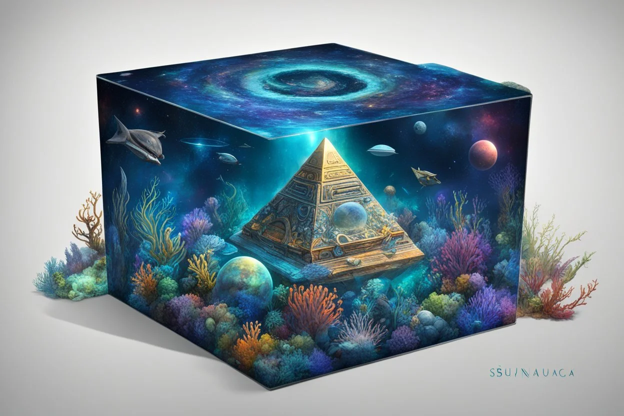 hyperrealistic, 4k, box for storing things with beautiful drawings a lot of colours, very detailed, subnautica, pyramid in the middle, sea plants, seal leviathan, few planets, space, galaxies,