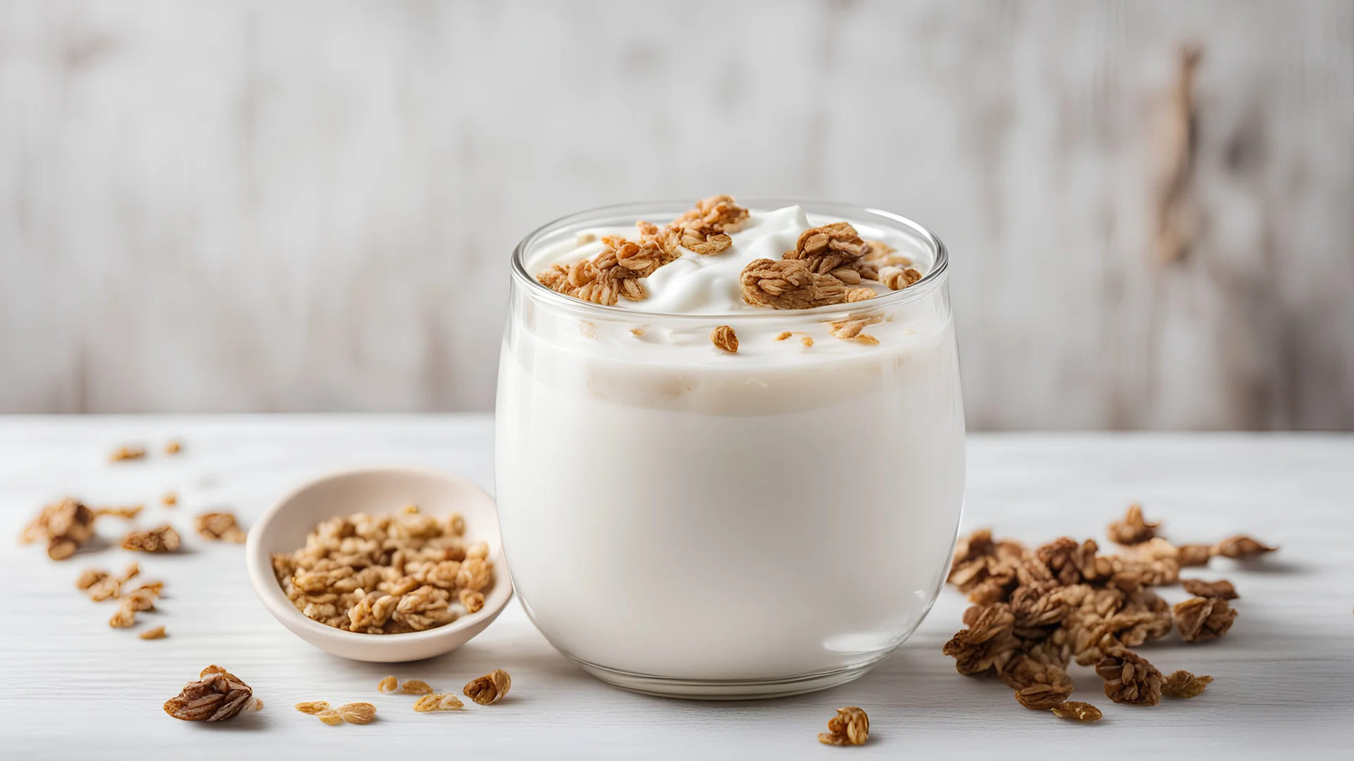 Kefir, buttermilk or yogurt with granola. Yogurt in glass on white wooden background. Probiotic cold fermented dairy drink. Gut health, fermented products, healthy gut flora concept. Copy space.