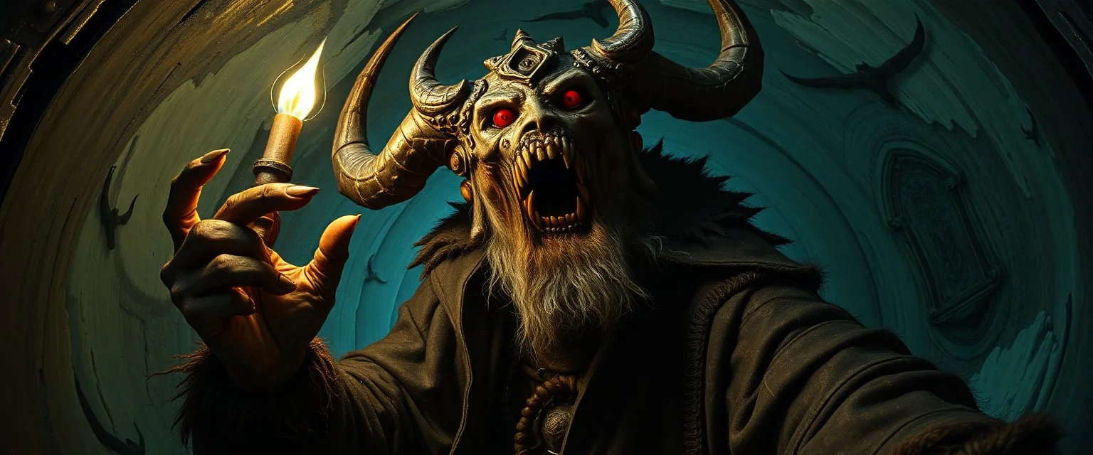 pin hole cam, master oil painting by Rembrandt, d&d monster beholder eye tyrant and lich in ice hall