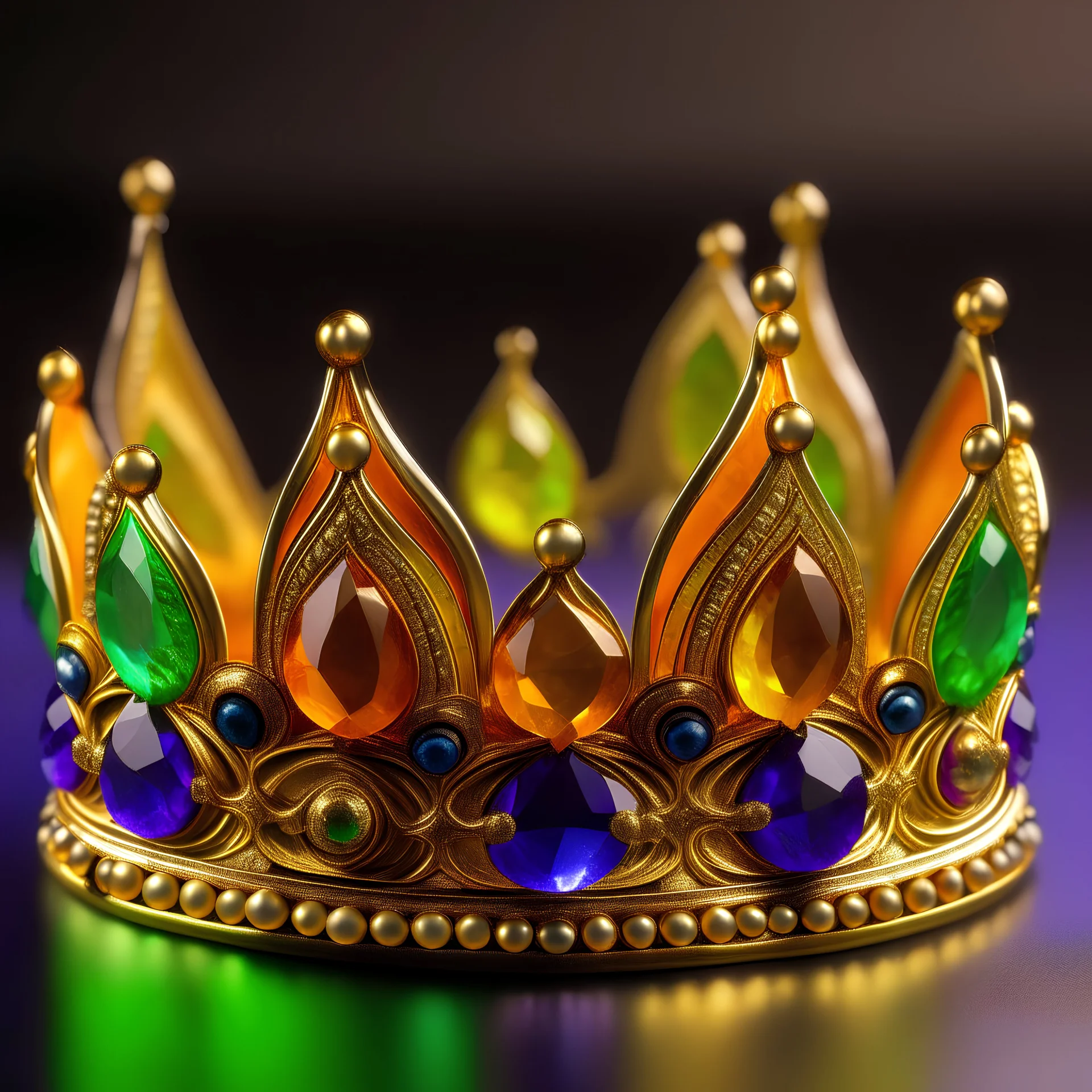 Delicate details of a gorgeous, shiny gold crown with several colorful lobes in violet, green, and orange