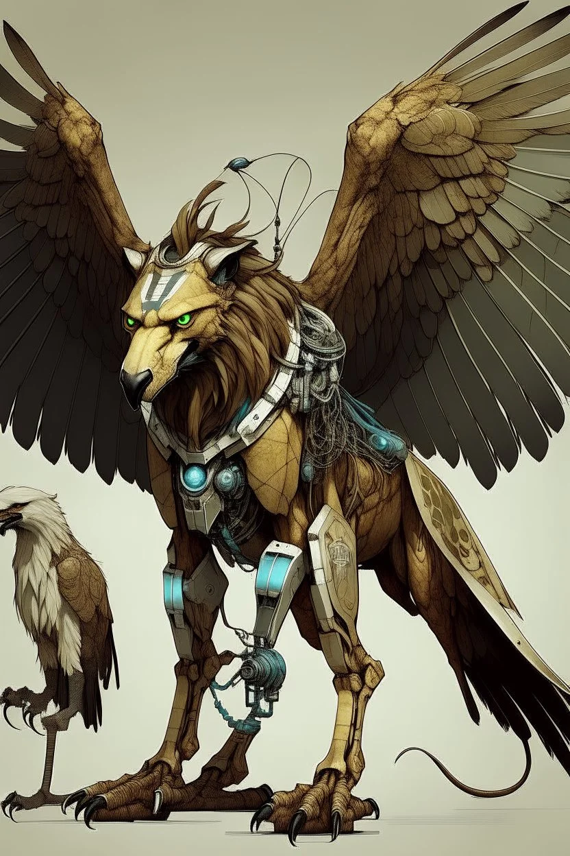 A creature with an eagle's head and a lion's body and two robotic wings