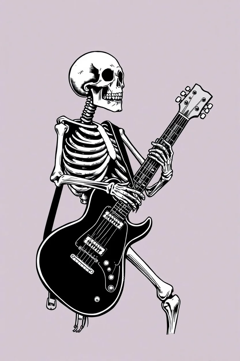 Black and White Graphic Art of a SKELETON HUGGING A GUITAR