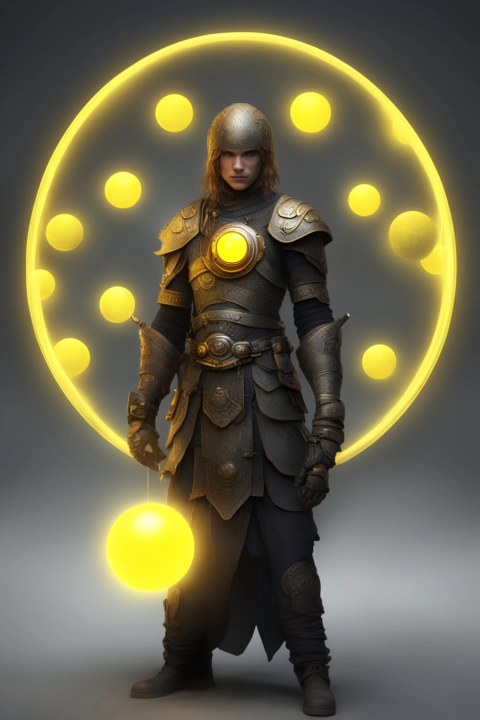 Medievial warrior, holding a glowing yellow smiley orb, HD