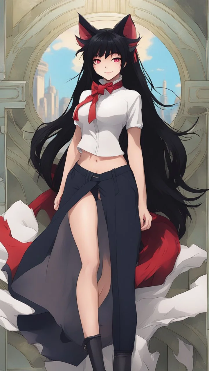 A close hot picture of Ahri with black hair and Clothes and nine Sia