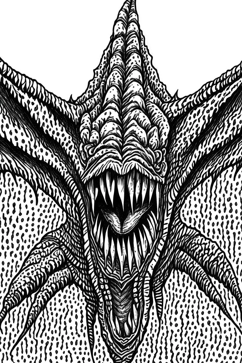 Moth / shark hybrid demon in the style of Berserk manga. B/w.