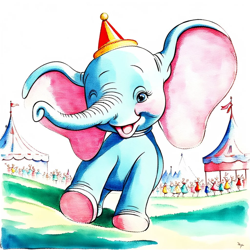 1940s animation art of Dumbo, a baby circus elephant with abnormally large ears that allows him to fly, surreal scene, pink parade of elephants, conceptual art, watercolor paint, early salt disney animation, hand drawn, modernist cute, Mary Blair, Harold Pearl, over exaggerated cartoonist