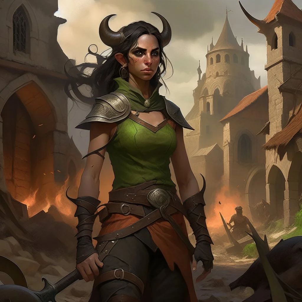 a beautiful tiefling women with dark hair in a sleeveless battle outfit, amidst the ruins of a medieval town destroyed by war