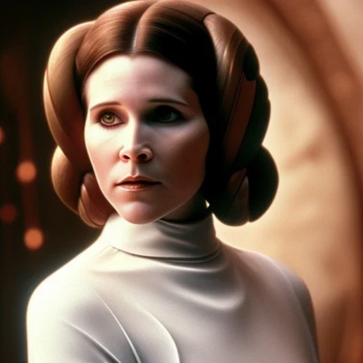 extremely detailed 8k hyperspace wallpaper,complete and photo realistic detailed head to waist stunning photo realistic portrait of carrie fisher as Princess Leia in star wars with photo realistic fine, simple, symetric coiffed hair, brown eyes, professional majestic photo realistic painting by Ed Blinkey, Atey Ghailan, by Jeremy Mann, Greg Manchess, Antonio Moro, trending on ArtStation, Intricate, High Detail, Sharp focus, dramatic, by greg rutkowski,