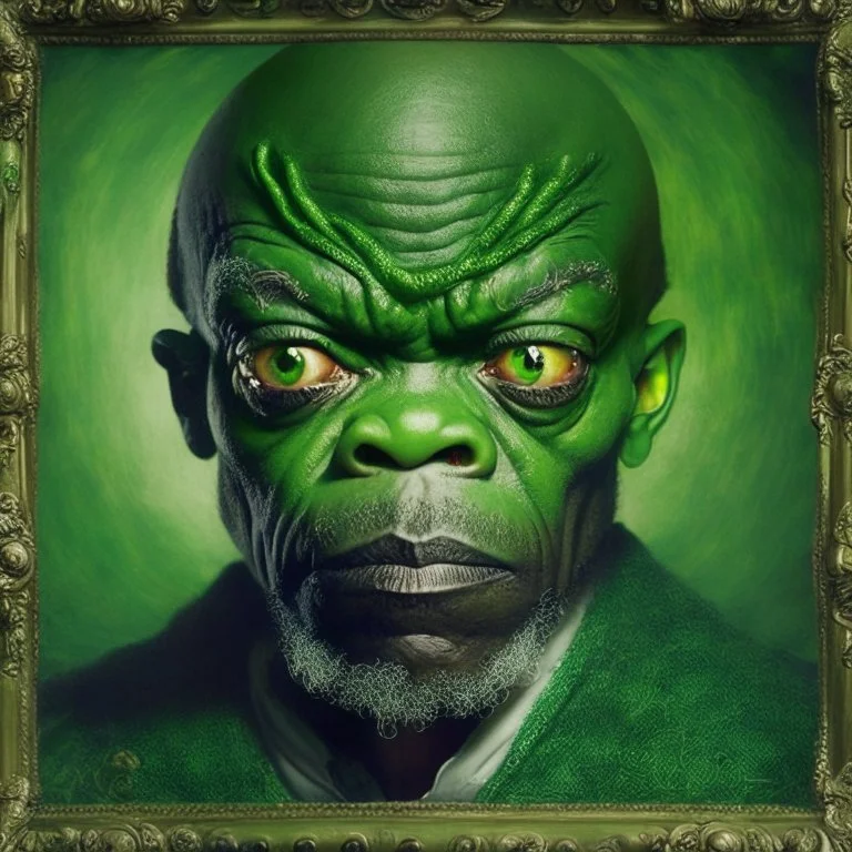 pintura barroca de samuel l jackson con ojos alienigenas, tela verde