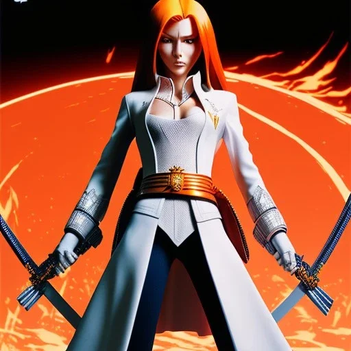 "Girl, Anime, Bleach, shows body to waist, head in frame, Preserve Quality, preserve face, preserve eyes, orange hair, 8k Quality by Tite Kubo, Yusuke Murata"