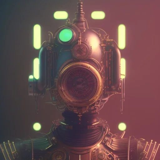 composition,portrait painting of a steampunk robot,steampunk center, ultra realistic, concept art, intricate details, eerie highly detailed, shiny, smooth, studio quality, octane render, Surrealism, Triadic colour scheme,glow-stick, ambient lighting,nightclub lighting, polaroid, 100mm, --ar 1:1 --v4