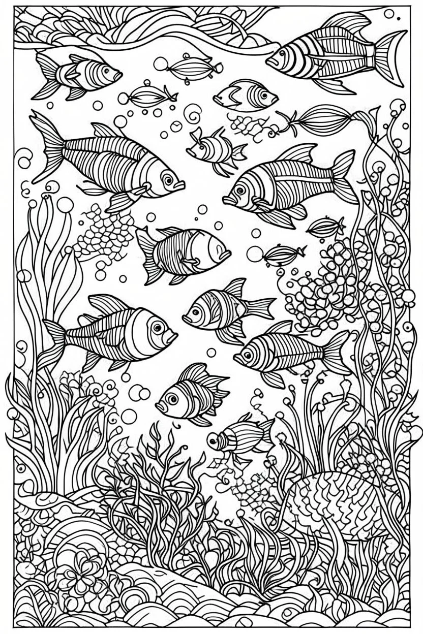 Stress Relief coloring page for kids, Whimsical underwater world with friendly sea creatures, cartoon style, thick outline, low details, no shading, no color