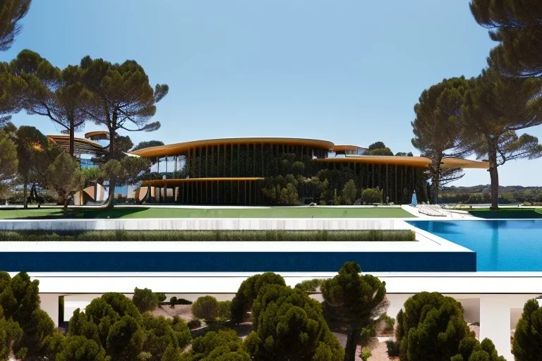 algarve in quinta do lago, one straight line building of 250 meters long pool, modernistic luxury architecture in wood and gold metallic pergolas with pool on rooftop, on a slope with pinus pinea, a road wrap around for low speed veicular road