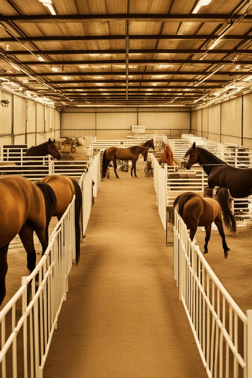 Exhibitor show hall with horses in a horse stable