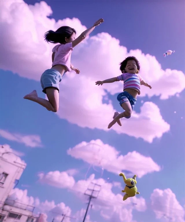 Ultra realistic clouds sky scene, medium shot view, portrait, Childs free jumping flying with trinkets, smile, happy, Wes Anderson style, inflatable color clothing, extreme, wind, clouds sea, 20,000 feet altitude, stratosphere, soft color, highly detailed, unreal engine 5, ray tracing, RTX, lumen lighting, ultra detail, volumetric lighting, 3d, finely drawn, high definition, high resolution.