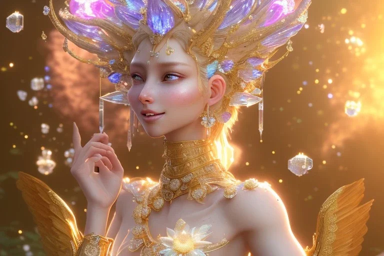 very beautiful crystal and gold goddess in a galactic ambiance, nice smiling, transparent petals, delicate colors, full of details, smooth, bright sunshine，soft light atmosphere, light effect，vaporwave colorful, concept art, smooth, extremely sharp detail, finely tuned detail, ultra high definition, 8 k, unreal engine 5, ultra sharp focus