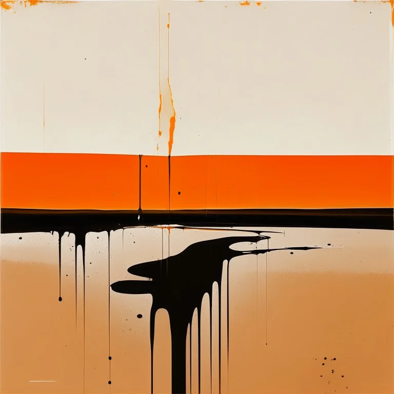 Melancholy Minimal abstract flat landscape painting. Rough brushstrokes and dripping paint. A single orange colour highlight with complimentary background colours. Use rule of thirds. Place the Horizon line at the top. Style of Justin Mortimer.Abstract empty landscape painting. Dripping paint. Rough. Minimal. Style of Justin Mortimer.