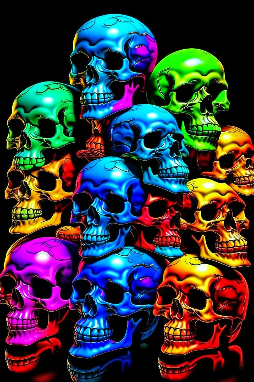 a stack of 1000 anatomically correct cartoonish skulls, vivid colors, dark comedy, well lit, high detail, photorealistic, dayglo, blacklight