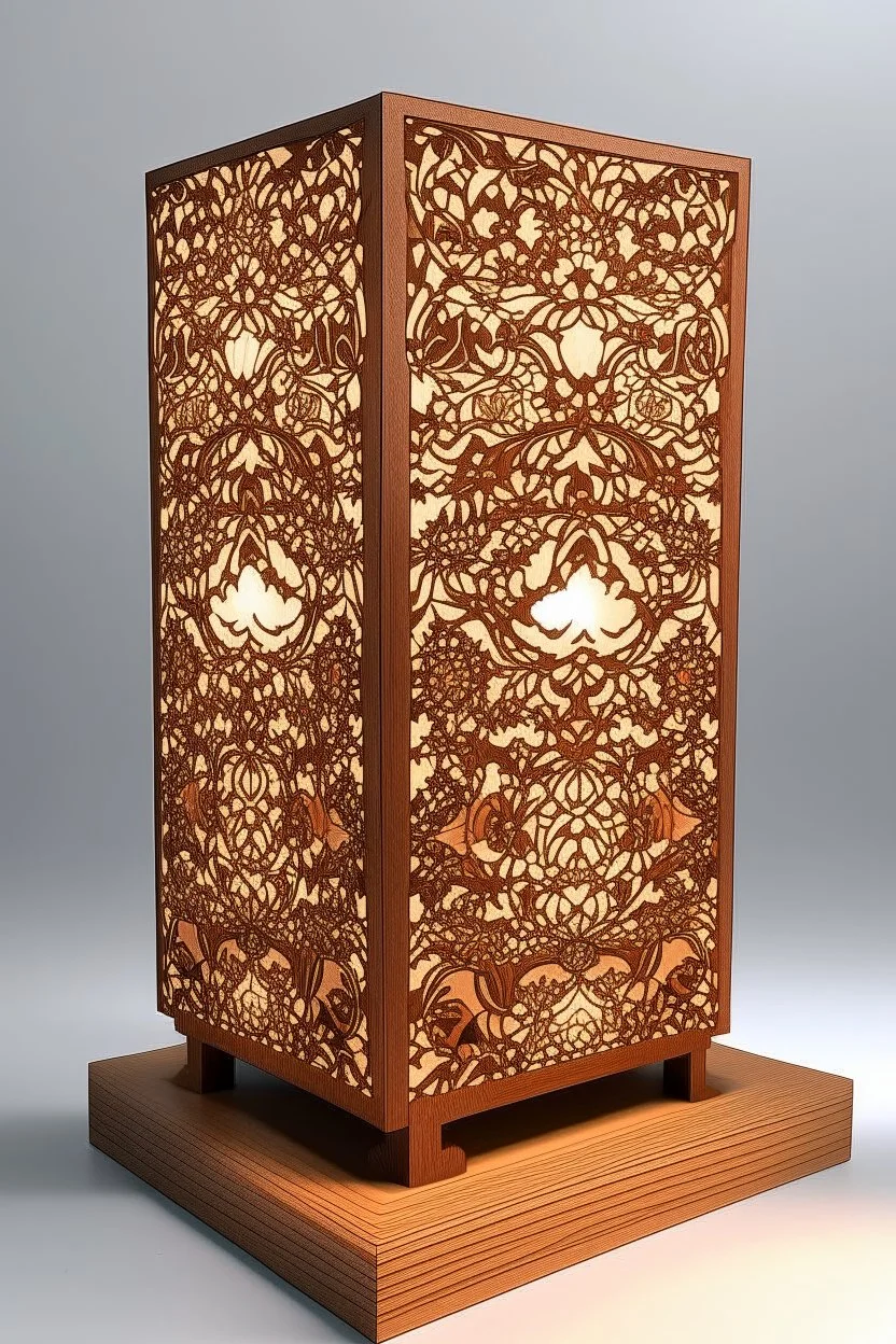 Create a product table lamp inspired by nyonya kebaya in wood material process laser cutting in white background