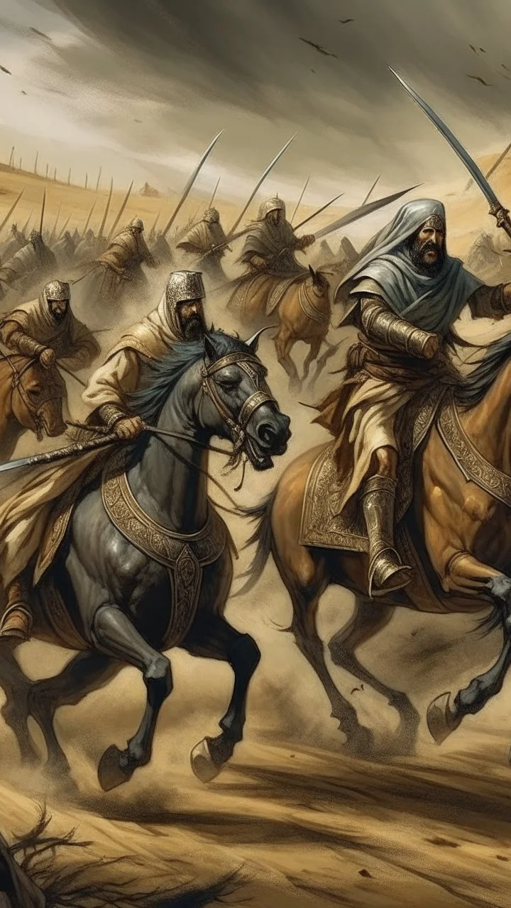 A picture of an Islamic battle with swords and horses, in the desert