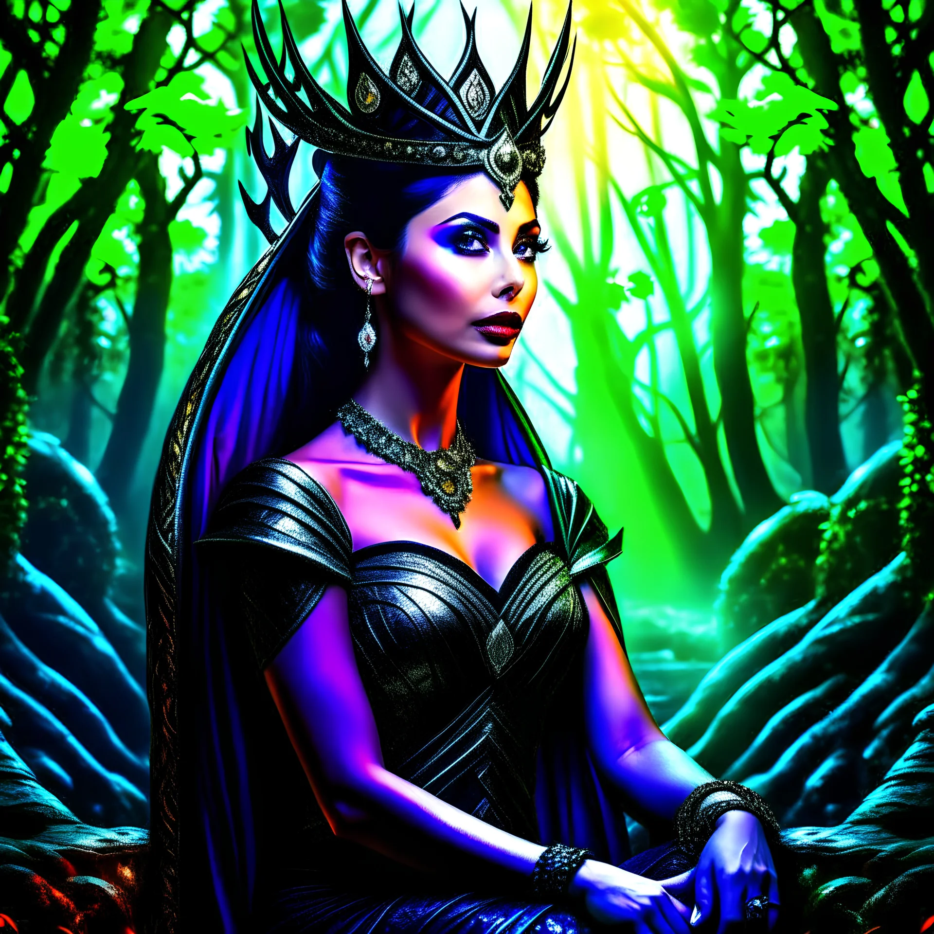 Morena Baccarin as a beautiful sexy dark elf queen seated elegantly on a throne in a mystical forest, dark celtic vignette frame, photo-realistic, cinematic lighting, award-winning photography