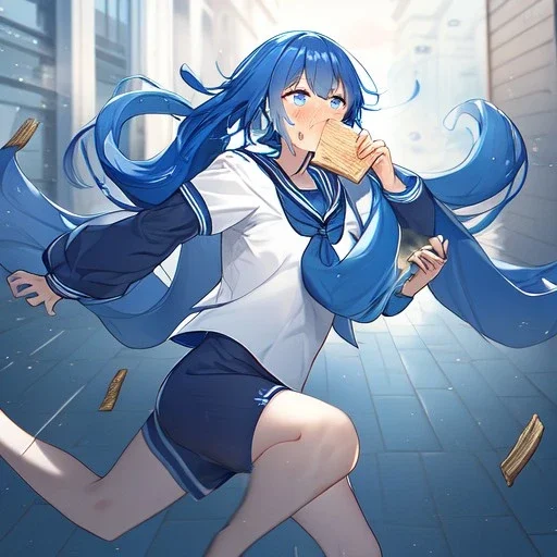 Clear focus,High resolution, Vibrant short blue hair, Vibrant blue eyes, Wearing a sailor uniform, Running with toast in her mouth, sweating