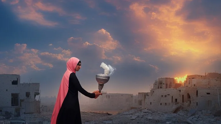 close young palestinian girl with a kuffeah. Large clouds of smoke rise from the land of gaza . With demolished buildings in the background. with sunset colors Made in the palestinian style