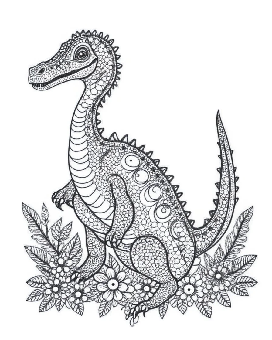 A small dinosaur made of flowers and water. Art drawing ; link , super detailed, line art, vector, svg, coloring book, coloring book page style, black outline on white background