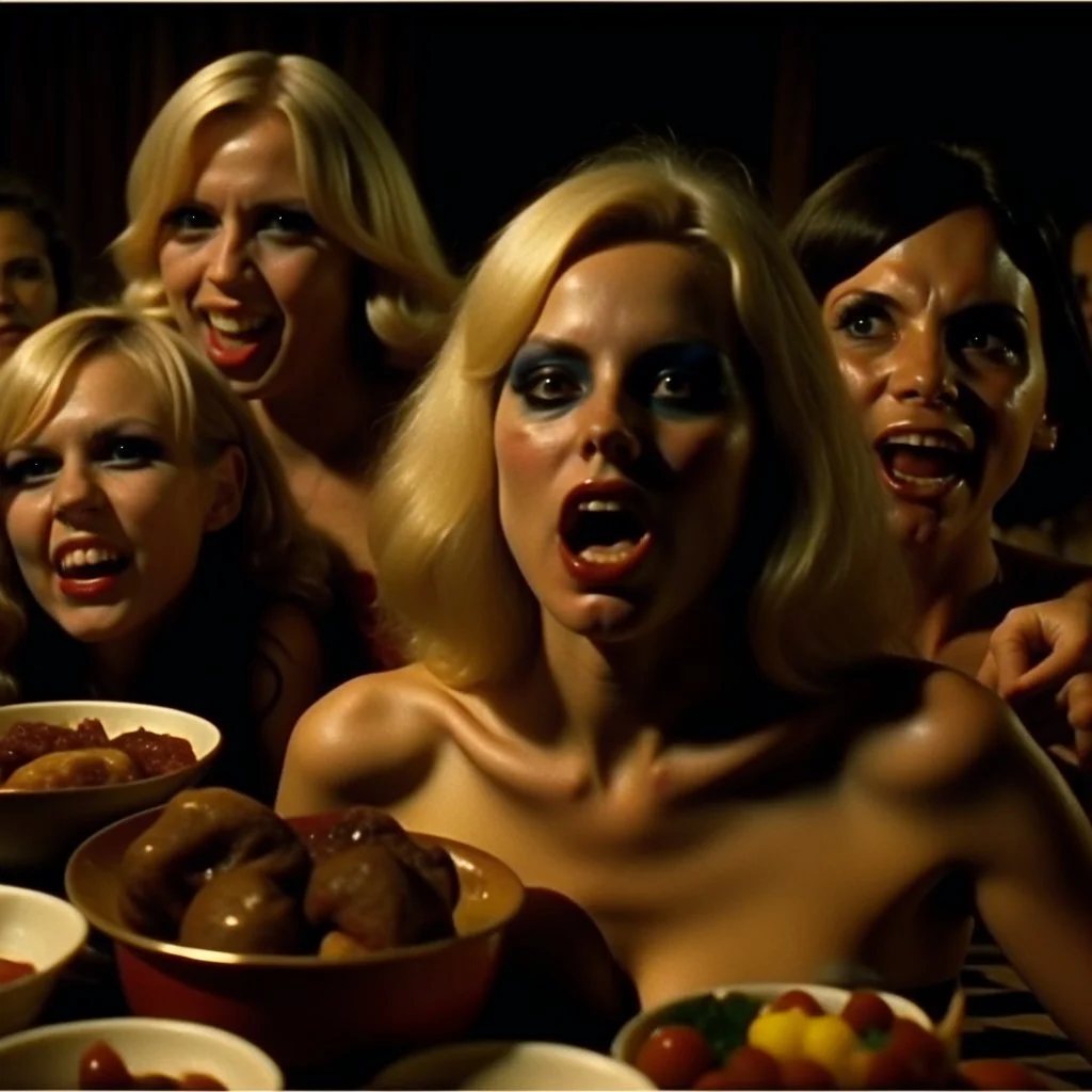 Horror movie shot, hot, ultra realistic, dine, horns, ultra chaos, realistic hot blonde women, party, pieces of meat, organs, hot dynamic, very excited people, hypermaximalist figures, light, 1970's Italian horror movie, sinister,, Dario Argento, Stanley Kubrik, ornate, 4k, photorealism