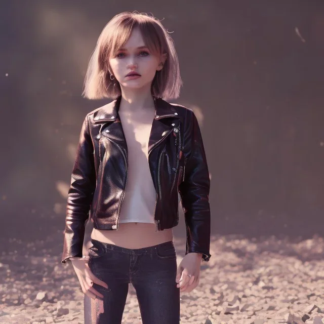 Lily rose depp toddler, full body, floral leather jacket, dynamic pose, tokio background, dramatic lighting, hyper realistic, unreal engine, 8k, upscale