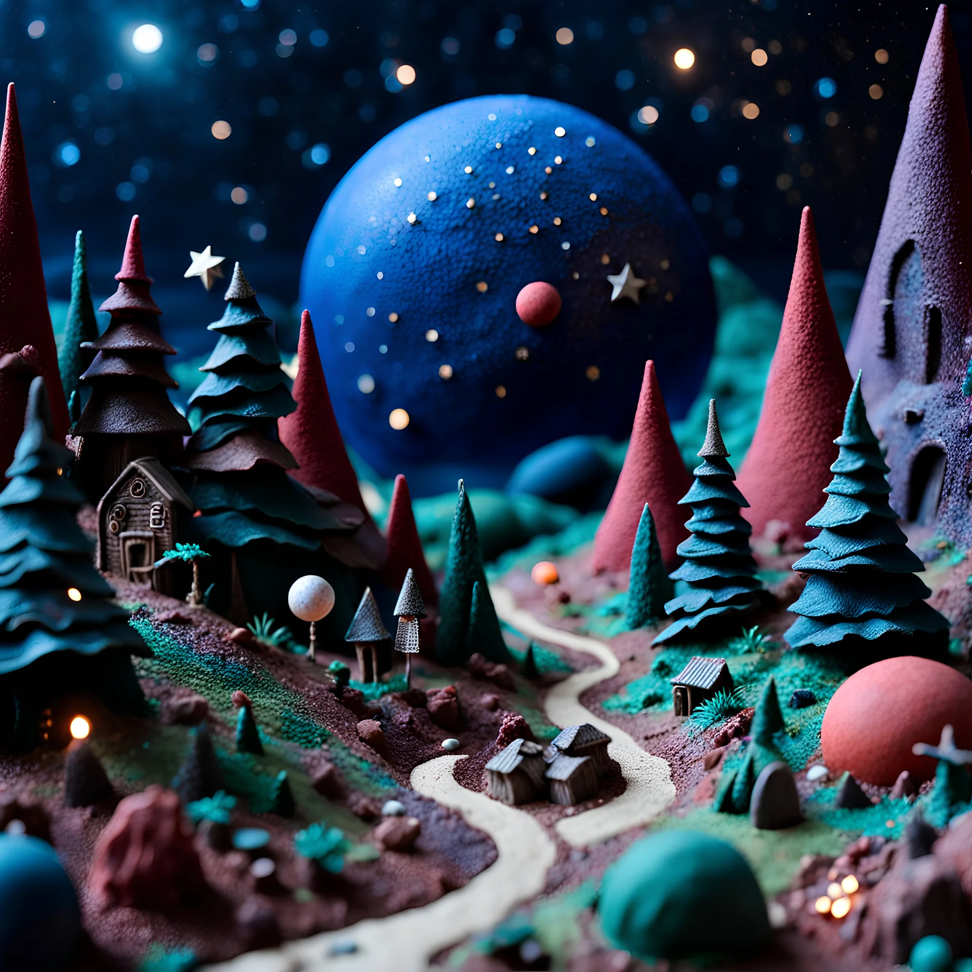 Detailed creepy landscape made of modeling clay, village, stars and planets, Roger Dean, naïve, Tim Burton, strong texture, Ernst Haekel, extreme detail, Max Ernst, decal, rich moody colors, sparkles, bokeh, odd