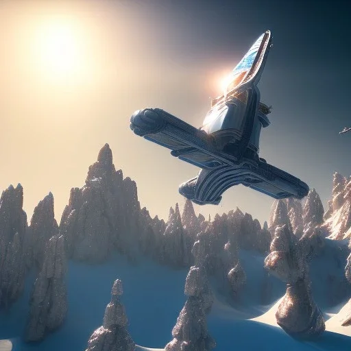 Spaceship landed on snowy mountain, sunny day. clear blue sky. gold. Elegant. Extremely detailed. Award winning photography. Fantasy. 8k. Cinematic lighting. Photorealistic. Dynamic lighting. Imperial colors. Crisp quality. Unreal Engine. Colourful cinematic postprocessing. Pixar. VRay.